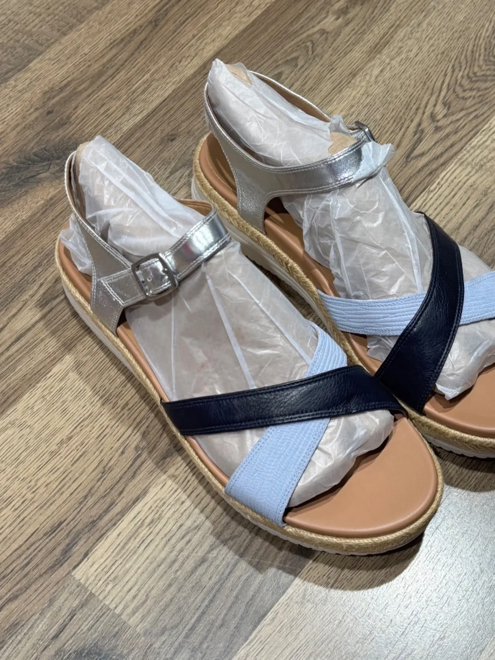 Vionic Mar Navy Multi Leather Platform Espadrille Orthotic Sandals Womens 12 NEW